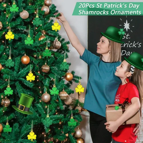 Vista 3 de JULMELON Decoraciones del día de San Patricio, 20 adornos de trébol, bolas de trébol de buena suerte para árbol y fiesta
