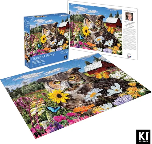 Vista 4 de Karen Burke - Rompecabezas de 550 piezas para adultos, fiesta de flores de búho, 24 x 18 pulgadas, rompecabezas de pájaro caprichoso de KI Puzzles