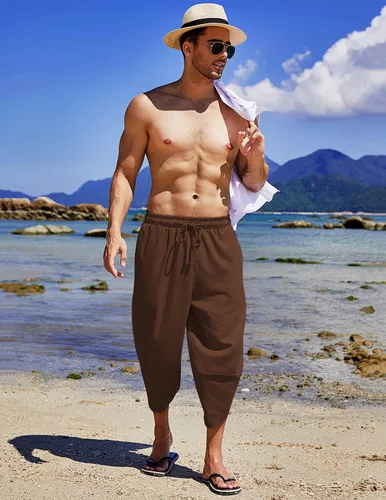 Vista 2 de COOFANDY Pantalones capri harén de lino para hombre, ligeros, sueltos, 34, con cordón elástico, cintura elástica, pantalones casuales para yoga
