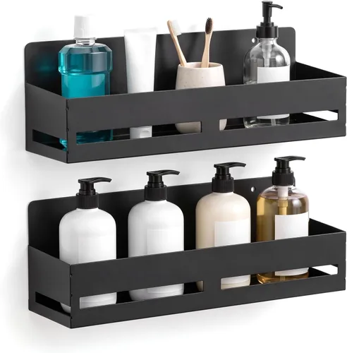 Vista 7 de Paquete de 2 estantes adhesivos para baño, baske de metal negro