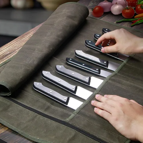 Vista 5 de Bolsa enrollable para cuchillos de chef, estuche de viaje para cuchillos de lona encerada, soporte de almacenamiento profesional resistente con 10