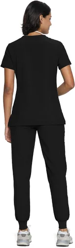Vista 2 de floralhue Conjunto de ropa quirúrgica para mujer con cuello en V y Negro
