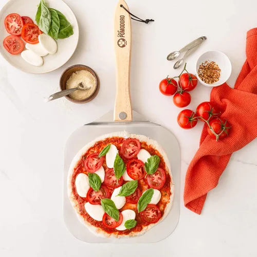 Vista 9 de Pomodoro pala para pizza de aluminio con asa de madera plegable para guardar fácilmente, de 12" x 14", para cocinar pan y pizzas en el hogar
