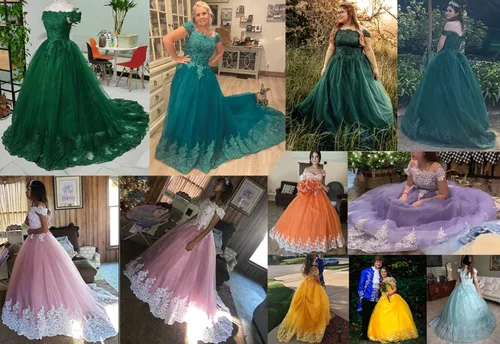Vista 6 de XYAYE Vestidos de quinceañera con hombros descubiertos, vestidos de baile de tul hinchados con encaje de tren, vestido largo de graduación para mujer