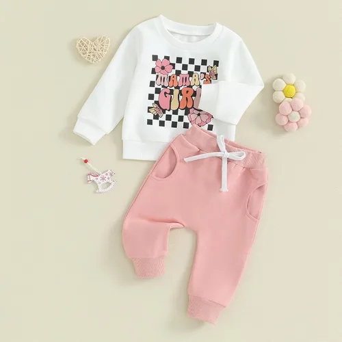 Vista 4 de Conjunto de sudadera para bebé niña con texto en inglés "Daddy Mama" de manga larga para otoño e invierno