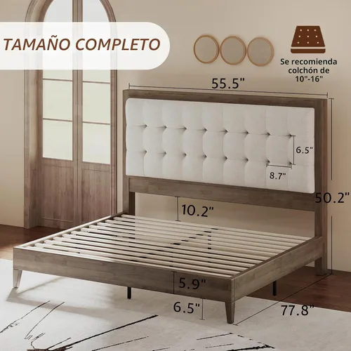 Vista 2 de Jocisland - Base de cama matrimonial de madera maciza, cabecera tapizada de 50 pulgadas de alto, color gris ceniza