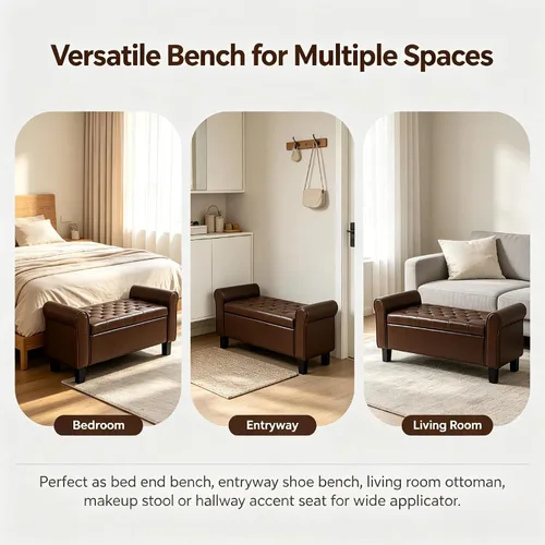 Vista 7 de 51 Inch Brown Faux Leather Storage Ottoman Bench with Rolled Armrests Leather-brown-51 Inch