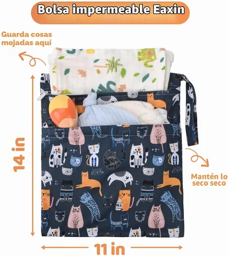 Vista 2 de 2 bolsas de tela para pañales húmedos y secos, impermeables, reutilizables, con dos bolsillos con cremallera, para viajes, playa, piscina Negro