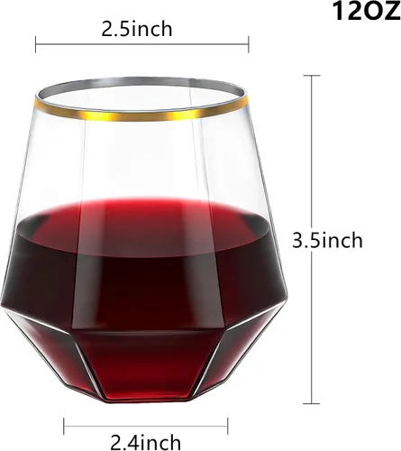 Vista 7 de Lullaby 40 copas de vino de plástico sin tallo de 12 onzas, borde dorado