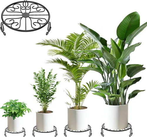 Vista 7 de Paquete de 3 soportes para plantas de hierro forjado para uso en exteriores e interiores, soporte de metal resistente a la corrosión, base negra