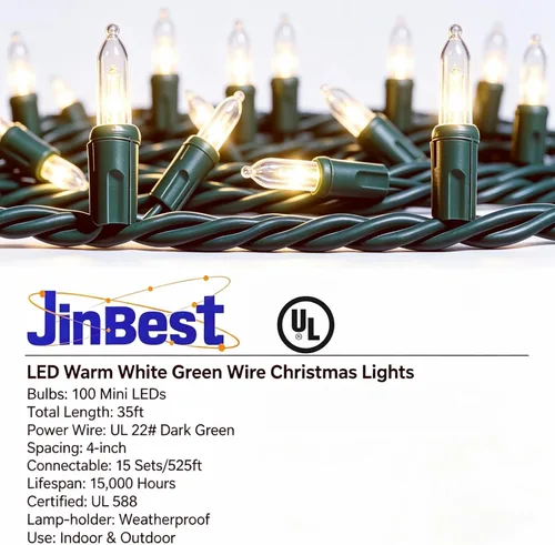 Vista 4 de Guirnalda de 100 Luces LED Blanco Cálido de Cable Verde para Navidad, con Certificación UL y Cadena de Iluminación Decorativa Comercial de 35 Pies
