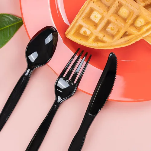 Vista 7 de POSATE Cuchillos de plástico negro, cuchillos de plástico desechables resistentes, paquete de 100, suministros para fiestas