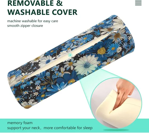 Vista 4 de Blue White Flowers Neck Pillow for Sleeping, Cervical Roll Memory Foam Pillows for Neck Pain Relief, Neck Support Round Pillows with Washable Cover
