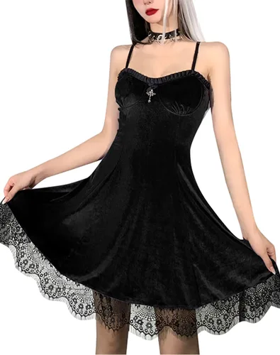 Vista 2 de TSMNZMU Vestido gótico de terciopelo para mujer, sin mangas, vestido de hada Lolita, vestido vintage de bruja, vestido de encaje Harajuku