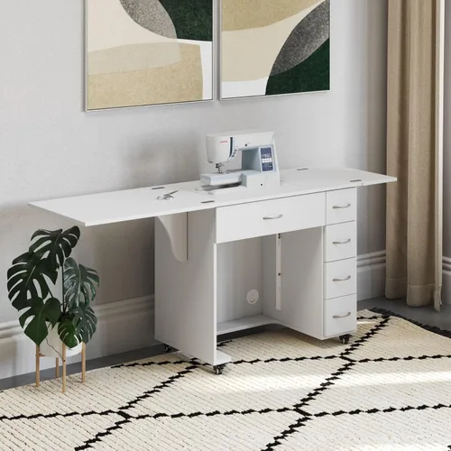 Vista 8 de Arrow - Muebles de costura clásicos Alice - Armario de costura compacto de tamaño mediano con elevación hidráulica de máquina, cajones, hojas