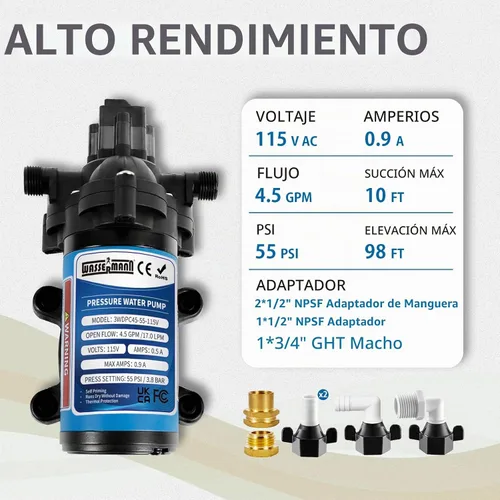 Vista 2 de WASSERMANN Bomba de Aumento de Presión de Agua de 115 Voltios AC 4.5GPM 55PSI, Bomba de Agua Autocebante de Diafragma con Interruptor de Presión
