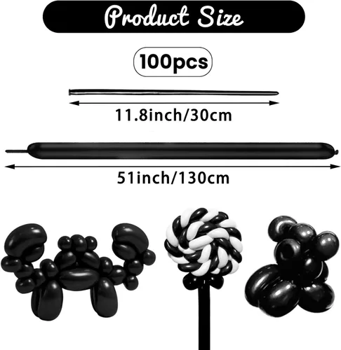 Vista 2 de 100Pcs Globos Negros 260, Globos Largos para Atar Arco de Globos, Globos Largos y Finos para Torcer Globos de Animales, Globos para Cumpleaños