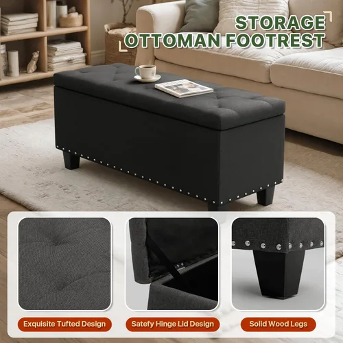 Vista 5 de MoNiBloom Otomana de 42 pulgadas de largo con almacenamiento, taburete de lino negro tapizado de espuma acolchada de tela rectangular con reposapiés