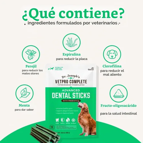 Vista 3 de VetPro Complete Dr. Joseph's Advanced Dental Sticks con prebióticos, 15 varillas, limpia los dientes, refresca el mal aliento y apoya la salud
