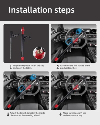 Vista 7 de Bloqueo de Volante Antirrobo de Alta Resistencia para Coche, Abrazadera de Longitud Ajustable, Doble Gancho, Ajuste Universal, Negro