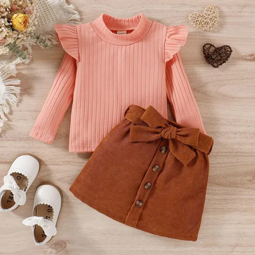 Vista 2 de TBUIALL Conjunto de dos piezas para niñas pequeñas, con volantes, manga larga, acanalado, cuello alto, camiseta de cuello alto, camiseta para bebé