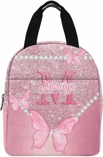 Vista 27 de InterestPrint Bolsa de almuerzo con nombre personalizado para hombres y mujeres, diseño de mariposa rosa y azul personalizada, caja de almuerzo