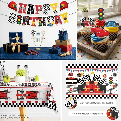Vista 6 de Juego todo en uno de 195 piezas de decoración de fiesta de cumpleaños de coche de carreras, juego de platos y servilletas con pancarta, telón
