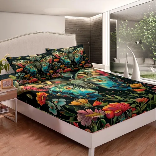 Vista 4 de Manfei Juego de sábanas bajeras de noche gótica, tamaño individual, 3 piezas, juego de sábanas rústicas de mariposa de polilla para decoración