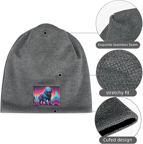 Vista 6 de Synthwave Sabertooth Patterned Black Fleece-Lined Warm Men's and Women's Hood, Winter Outdoor Sports Ski Cap