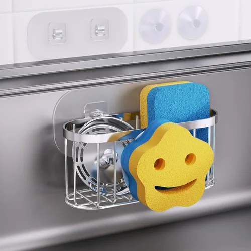 Vista 11 de HapiRm Organizador de esponja multifuncional con forma única en M, 2 métodos de instalación, organizador de fregadero de cocina, organizador