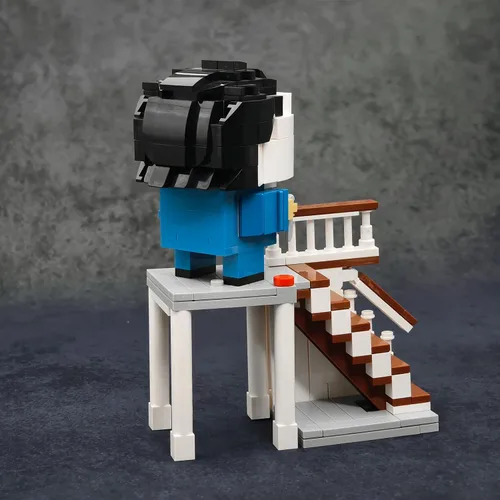 Vista 4 de Juego de bloques de construcción de escaleras de terror de Halloween, figura de slasher enmascarada con cuchillo escena de escalera, compatible