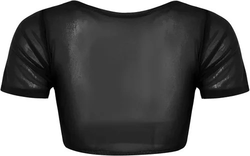 Vista 7 de iEFiEL Top corto de malla transparente para mujer con busto abierto, manga corta, danza del vientre
