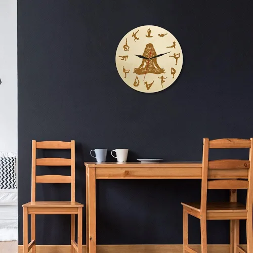 Vista 4 de XDG Reloj de pared de madera para yoga, decoración del hogar, meditación, yoga espiritual, silencioso, sin tictac, yoga, estudio de yoga, arte