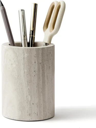 Vista 6 de Soporte para bolígrafos para escritorio, piedra de travertino natural, soporte para brochas de maquillaje, vaso moderno y funcional para lápices