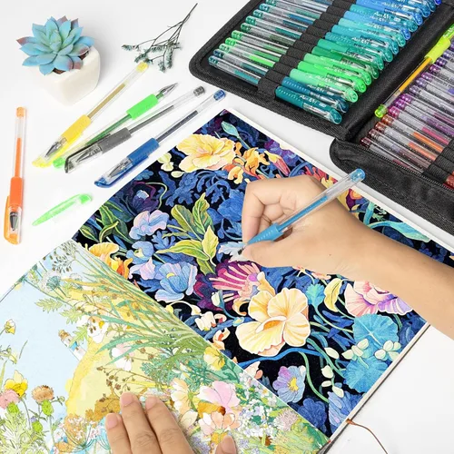 Vista 5 de Bolígrafos de gel con purpurina con estuche para libros de colorear para adultos, juego de 100 colores con purpurina con un 30% más de tinta de neón