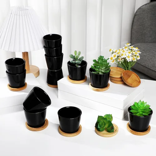 Vista 3 de Hsei Pack de 24 Macetas Mini de 2.5 Pulgadas para Suculentas, Macetas Pequeñas de Cerámica con Bandeja de Bambú para Jardín, Cactus, Hierbas