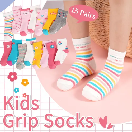 Vista 5 de Calcetines antideslizantes para niños pequeños, 15 pares, calcetines de agarre para niñas y niños de 0 a 7 años, calcetines suaves de dibujos