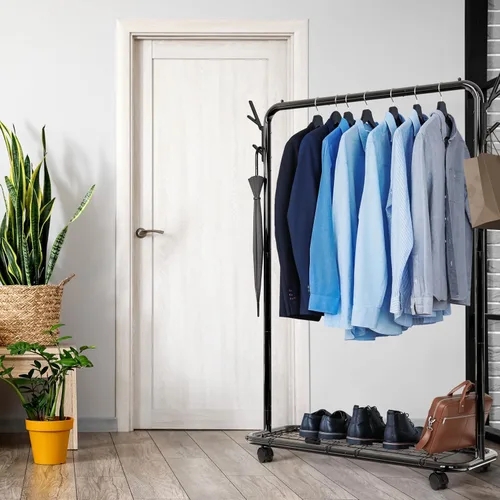 Vista 5 de Simple Houseware Industrial Style 50.4" W Estante de ropa con ruedas y ganchos, negro