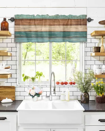 Vista 75 de Cenefa de cortina con lazo rojo de Navidad para ventanas, sala de estar, cocina, baño, granja, bolas de Navidad de acuarela con diseño de bayas