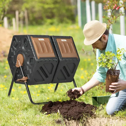 Vista 4 de Contenedor de compostaje para exteriores, 43 galones de doble cámara con puertas correderas, vaso de compostaje grande, contenedor de abono