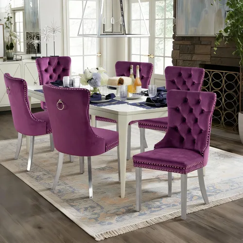Vista 92 de Juego de 2 sillas de comedor de terciopelo con patas de madera, color beige Mid Century Modern Dining Chairs,Upholstered Chairs with Nailhead