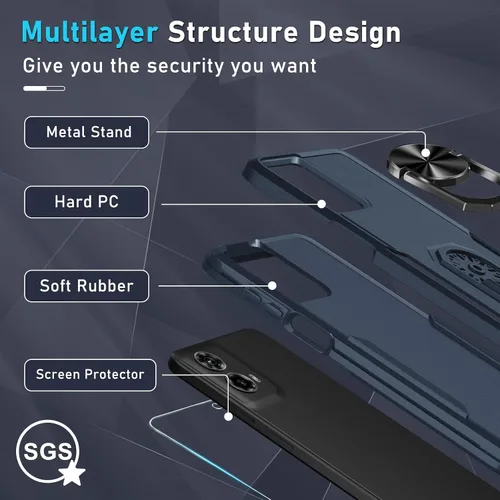 Vista 3 de Funda diseñada para Motorola Moto G 5G 2024 con soporte de anillo de metal integrado Protector de pantalla de vidrio templado, funda resistente