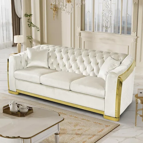 Vista 18 de DAMAIFROM Sofá Chesterfield moderno de mediados de siglo, sofá de terciopelo de 62" blanco y dorado, sofá biplaza curvo de lujo para sala de estar