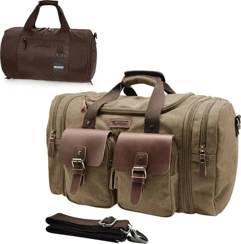 Vista 14 de Wildroad Bolsa de viaje de lona de 50L, bolsa de lona expandible de cuero genuino, bolsa de fin de semana mejorada para una noche, bolsa de mano