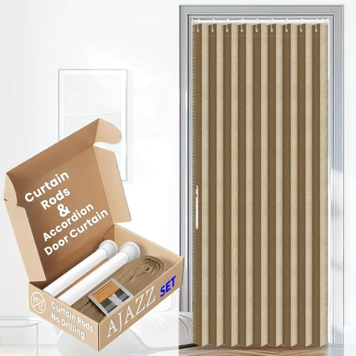 Vista 15 de AJAZZ Conjunto: Barras para cortinas sin perforación (28-39" de ancho) y cortina acordeón para puerta, beige 43" de ancho × 78" de largo, puertas