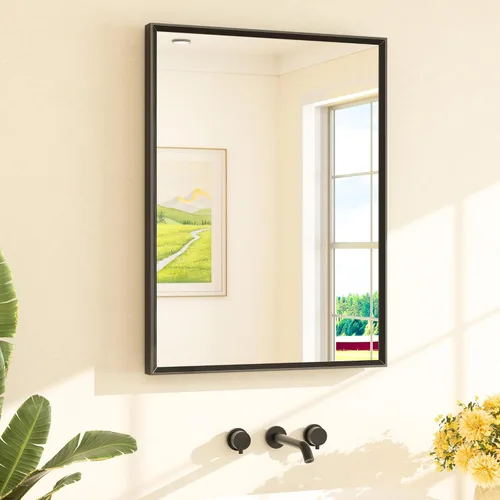 Vista 80 de TETOTE Espejo de baño dorado cepillado de 20" x 30", espejo de tocador de baño rectangular de latón dorado cepillado con marco biselado para sobre