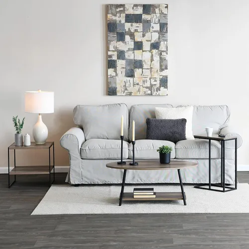 Vista 4 de Household Essentials Mesa auxiliar estrecha industrial Ashwood Marco de metal en forma de C y parte superior rectangular de madera sintética, mesa