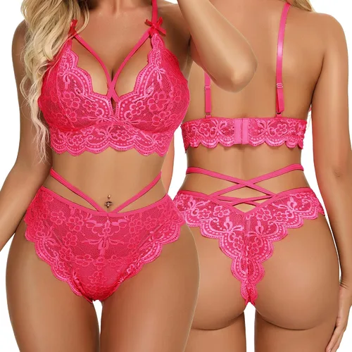 Vista 2 de Conjunto de lencería sexy de brasier y pantaletas con correas finas, de encaje