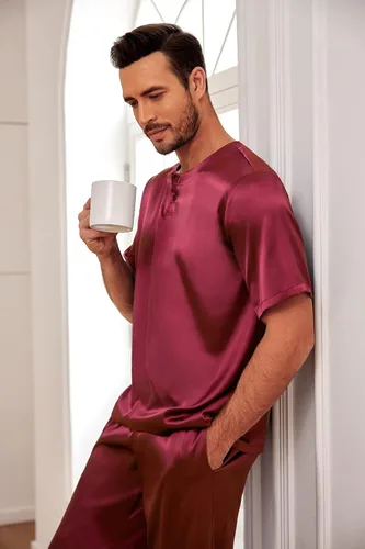 Vista 2 de Ekouaer Conjunto de pijama de satén para hombre, de seda, con botones, de 2 piezas, de manga corta, pantalones largos con bolsillos, tallas S-XXL