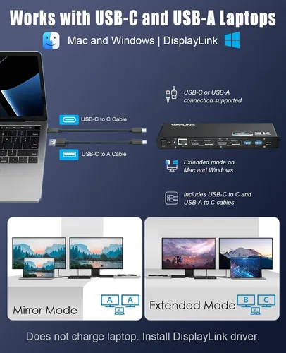 Vista 5 de Estación de acoplamiento WAVLINK Displaylink Dual 4K @60Hz Monitor para Mac, Windows Universal For USB 3.0/USB-C Laptop, 2 HDMI/DP, Gigabit